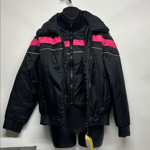 Black and Pink Puffer Jacket vintage 1970s 80s zip off sleeves vest